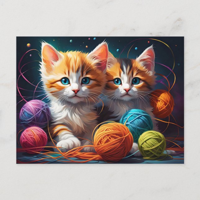 Carte Postale Deux chatons mignons avec des boules de fil (Devant)