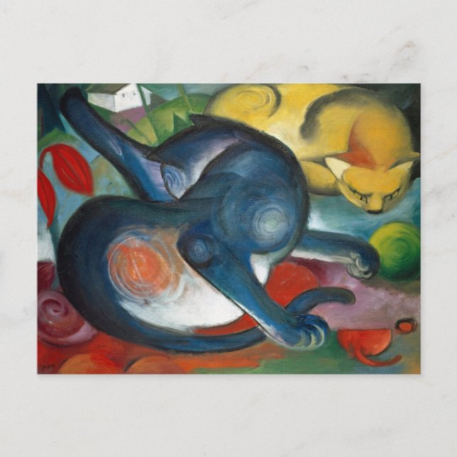 Carte Postale Deux chats, bleu et jaune par Franz Marc (1912) (Devant)
