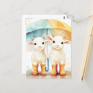 Carte Postale Deux chèvres bébés par jour de pluie