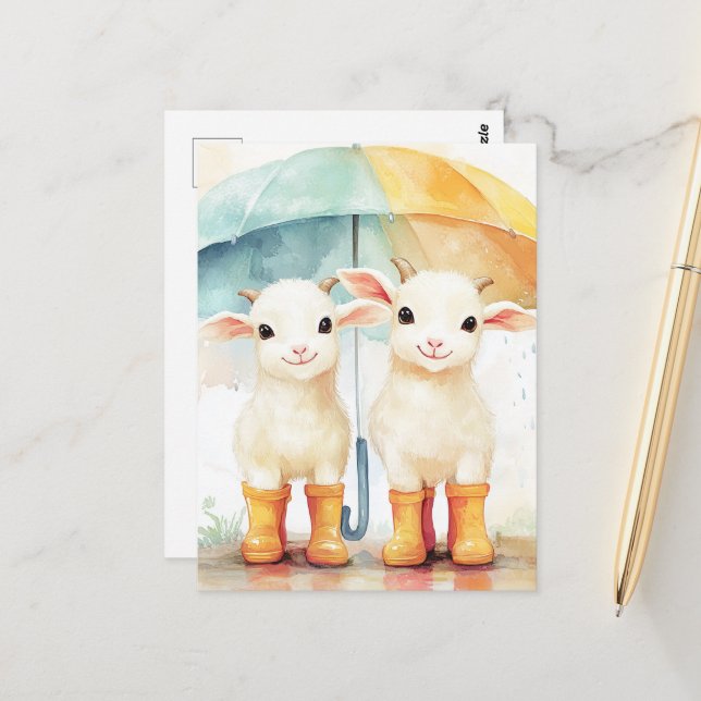 Carte Postale Deux chèvres bébés par jour de pluie (Devant/Arrière en situation)