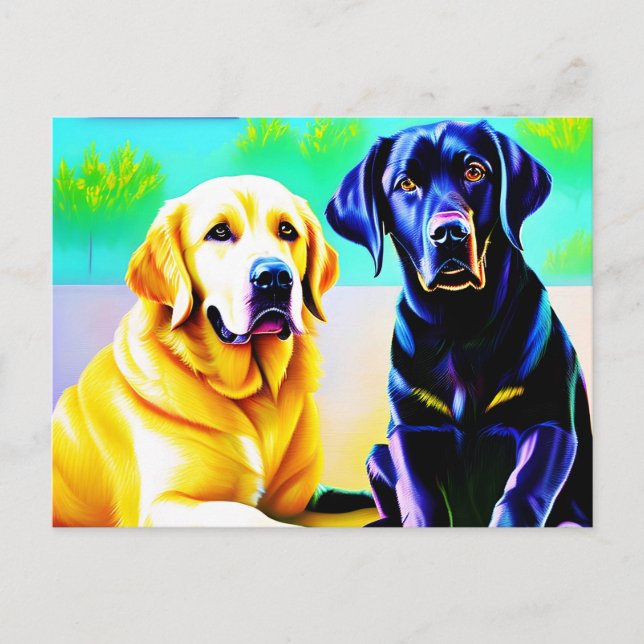 Carte Postale Deux chiens labrador sur un banc (Devant)