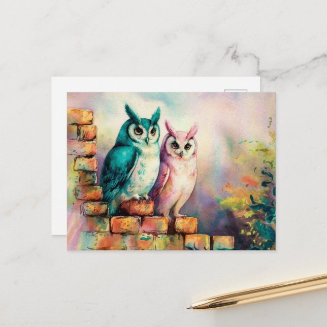 Carte Postale Deux Chouettes Sages Aquarelle Art AI (Devant/Arrière en situation)