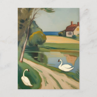 Carte Postale Deux cygnes près d'un étang