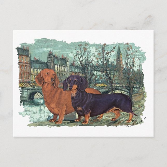 Carte Postale Deux Dachshunds dans la ville (Devant)