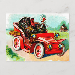 Carte Postale Deux dindons conduisant vieille timer voiture, vin