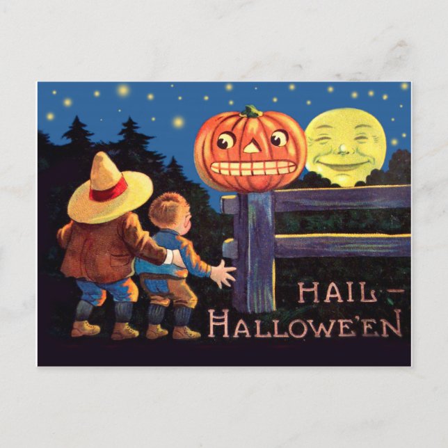 Carte Postale Deux enfants effrayés la nuit d'Halloween (Devant)