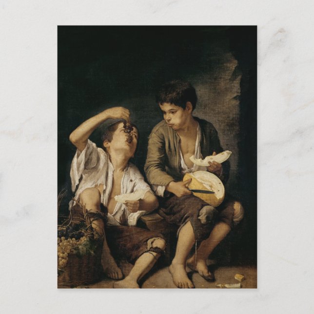 Carte Postale Deux enfants mangeant un melon et les raisins, (Devant)