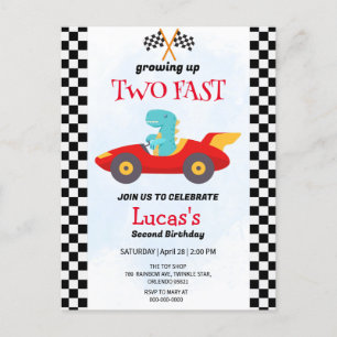 Carte Postale Deux Fast Dinosaur Race Car 2e fête d'anniversaire