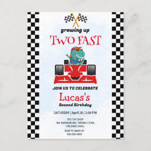Carte Postale Deux Fast Dinosaur Race Car 2e fête d'anniversaire