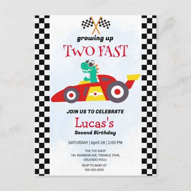 Carte Postale Deux Fast Dinosaur Race Car 2e fête d'anniversaire (Devant)
