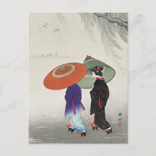 Carte Postale Deux femmes dans la pluie Peinture par Ohara Koson (Devant)