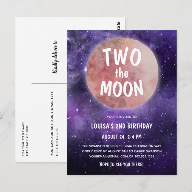 Carte Postale Deux la lune violet rose fille 2e fête d'anniversa (Devant / Derrière)