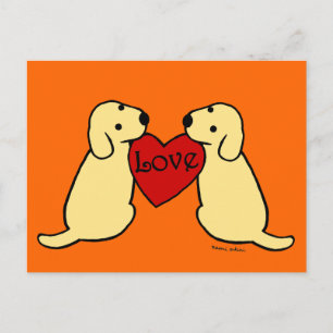 Carte Postale Deux Labradors Jaunes avec Dessin d'Amour