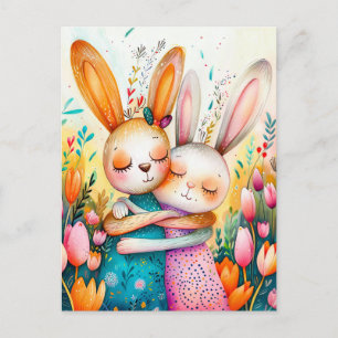 Carte Postale Deux lapins de Pâques dans un champ de tulipes