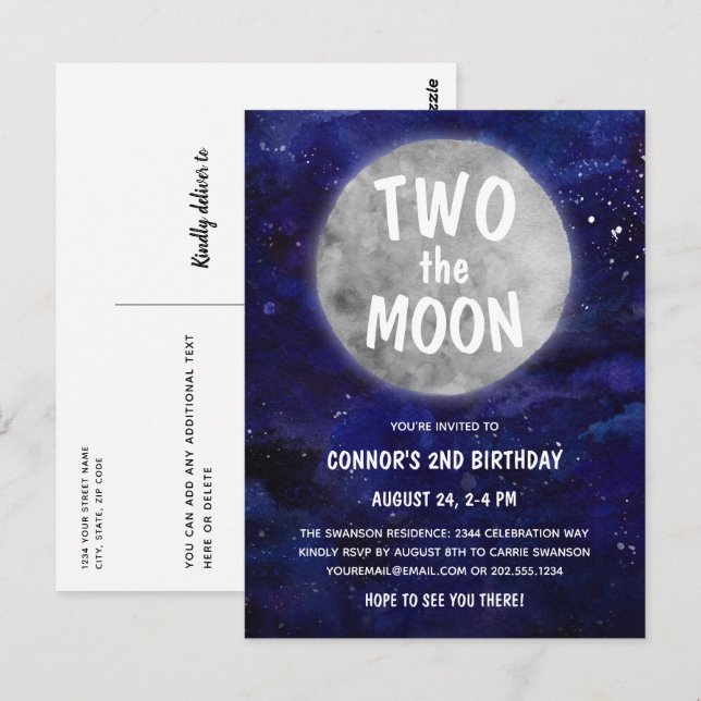 Carte Postale Deux Moon Navy Blue Boy 2e fête d'anniversaire (Devant / Derrière)