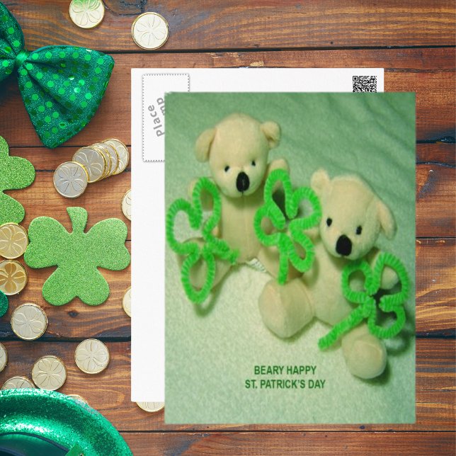 Carte Postale Deux Nounours avec Shamrock (Two Teddy Bears with Shamrocks Postcard)
