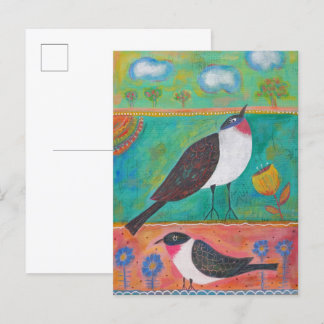 Carte Postale Deux oiseaux et fleurs