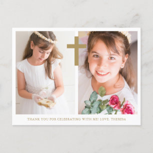 Carte Postale Deux photo Croix première communion Merci