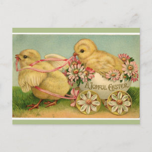 Carte Postale Deux poussins jaunes vintage et une joyeuse balade