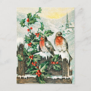 Carte Postale Deux robins on a fence in the snow