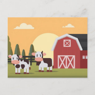 Carte Postale Deux vaches et une grange rouge au lever du soleil