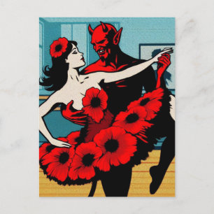Carte Postale Devil Ballet avec une femme en robe rouge florale