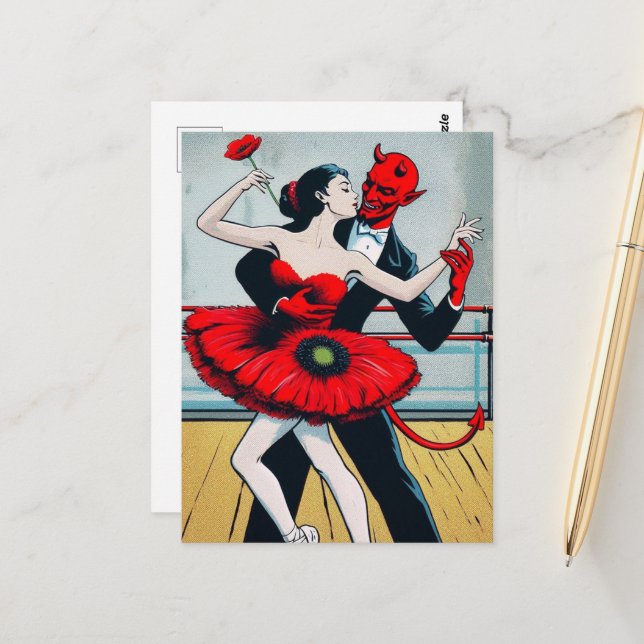 Carte Postale Devil danse avec une femme dans une robe Red Poppy (Devant/Arrière en situation)