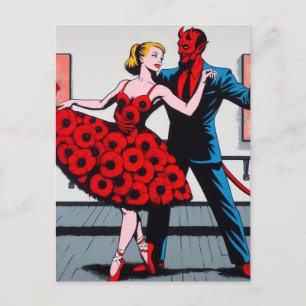 Carte Postale Devil danse avec une femme en robe rouge florale