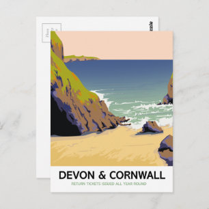 Carte Postale Devon & Cornwall "go by rail" Voyage de style vint