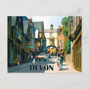 Carte Postale Devon, maisons dans le centre-ville, voyage vintag