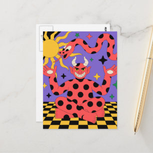 Carte Postale Diable à pois et sol à carreaux serpent