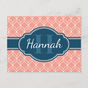 Carte Postale Diamant géométrique rose Motif Monogramme bleu