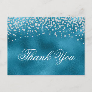 Carte Postale Diamants Faux Étincelants Bleu Feuille Merci