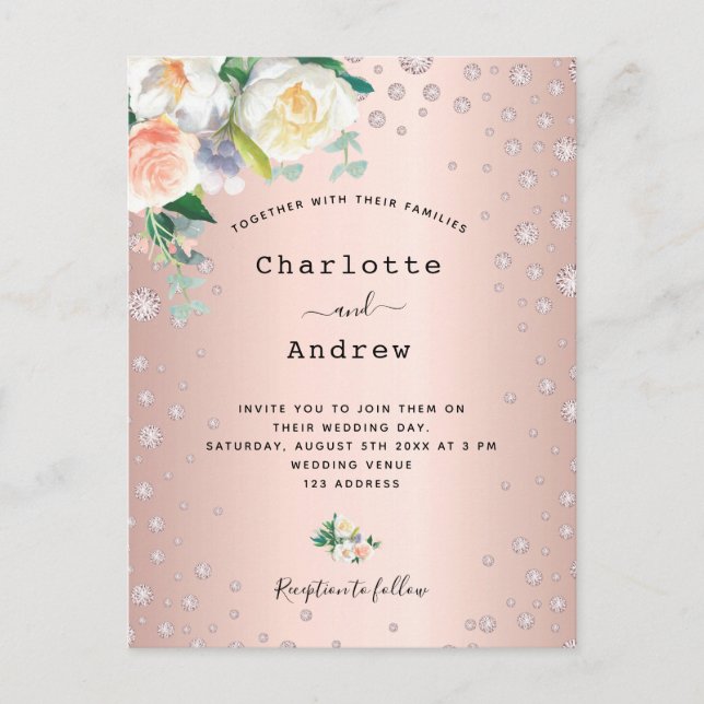 Carte Postale diamants rose or rose fleurie glamour mariage (Devant)