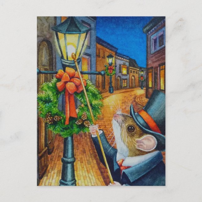 Carte Postale Dickens Christmas Lamplighter Souris aquarelle Art (Devant)