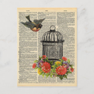 Carte Postale Dictionnaire vintage Art Bird and Cage with Flower