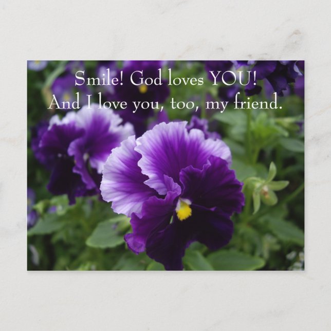 Carte Postale Dieu t'aime Pansies pourpres (Devant)