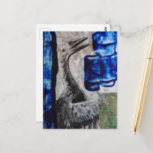Carte Postale Dino Oiseau Peinture Bleue Collage Multimédia