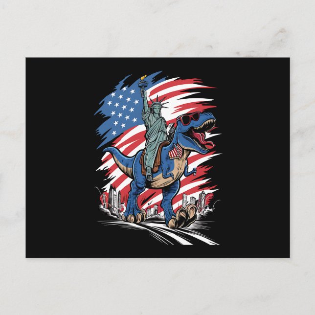 Carte Postale Dino Statue De La Liberté 4 juillet Drapeau Améric (Devant)