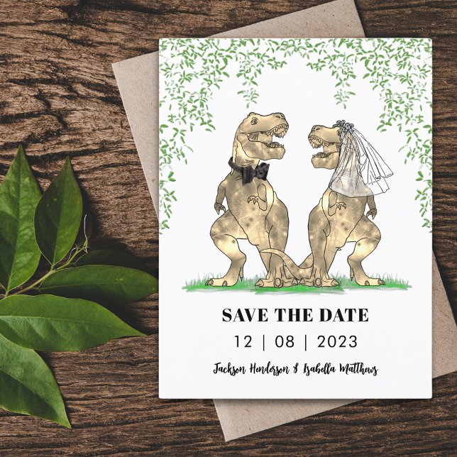 Carte Postale Dinosaur Mariage à thème Enregistrer la date (T-Rex bride and groom funny dinosaur themed wedding save the date invitation )