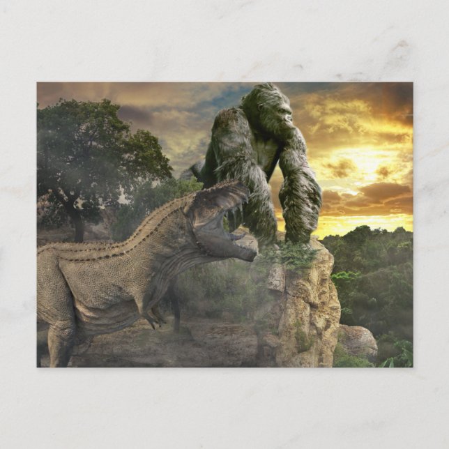 Carte Postale Dinosaur Tyrannosaurus Gorilla Imaginaire scène (Devant)