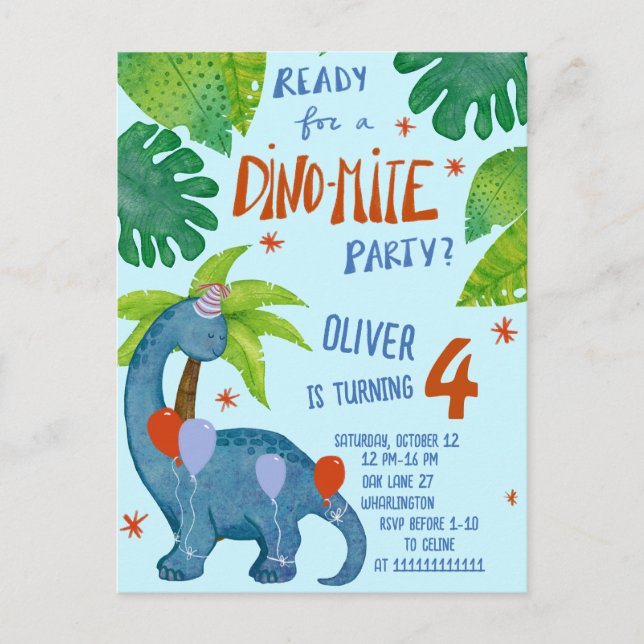 Carte Postale Dinosaure aquarelle mignonne fête d'anniversaire (Devant)