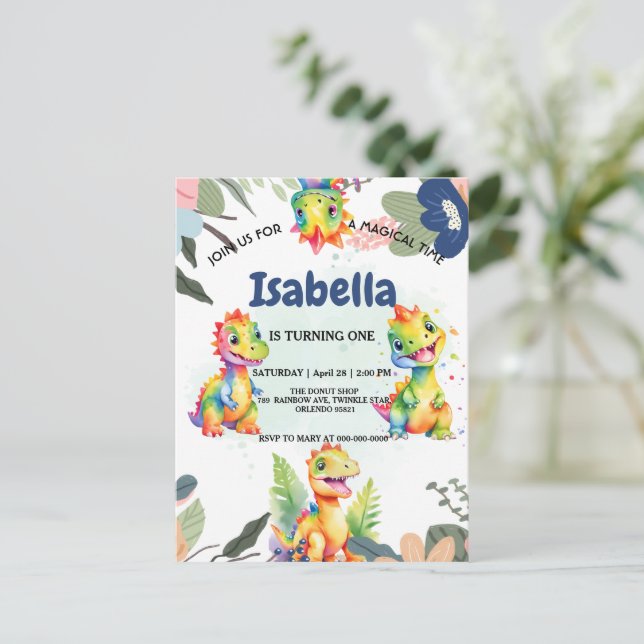 Carte Postale Dinosaure Arc-en-ciel floral mignon Bonne fête d'a (Debout devant)
