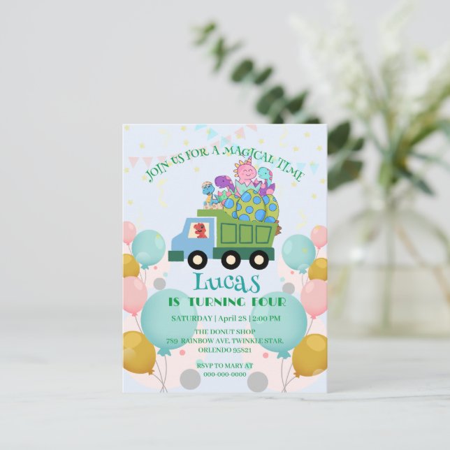 Carte Postale Dinosaure drôle Camion à ordures Nom de fête d'ann (Debout devant)