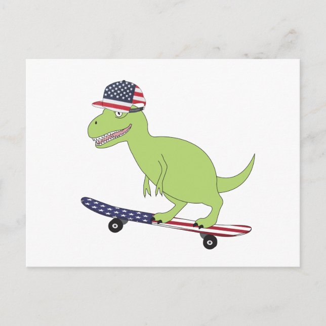 Carte Postale Dinosaure en Skateboard avec Drapeau Américain (Devant)