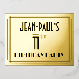 Carte Postale D'invitation À Feuilles D'aluminium 1ère fête d'anniversaire ~ Style Art Déco "1" + No