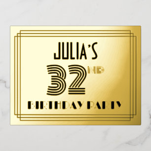 Carte Postale D'invitation À Feuilles D'aluminium 32ème fête d'anniversaire ~ Style Art Déco "32" + 