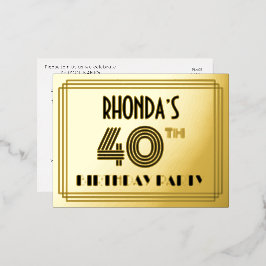 Carte Postale D'invitation À Feuilles D'aluminium 40th Birthday Party ~ Art Deco Style “40” + Name