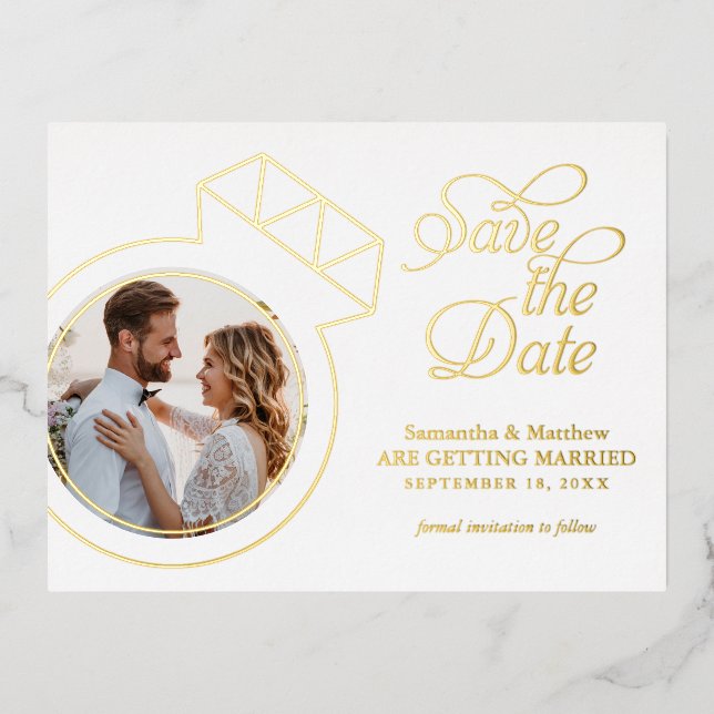 Carte Postale D'invitation À Feuilles D'aluminium Annonce de mariage avec photo de bague de fiançail (Recto)