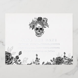 Carte Postale D'invitation À Feuilles D'aluminium Annonce de rendez-vous de crânes et de roses